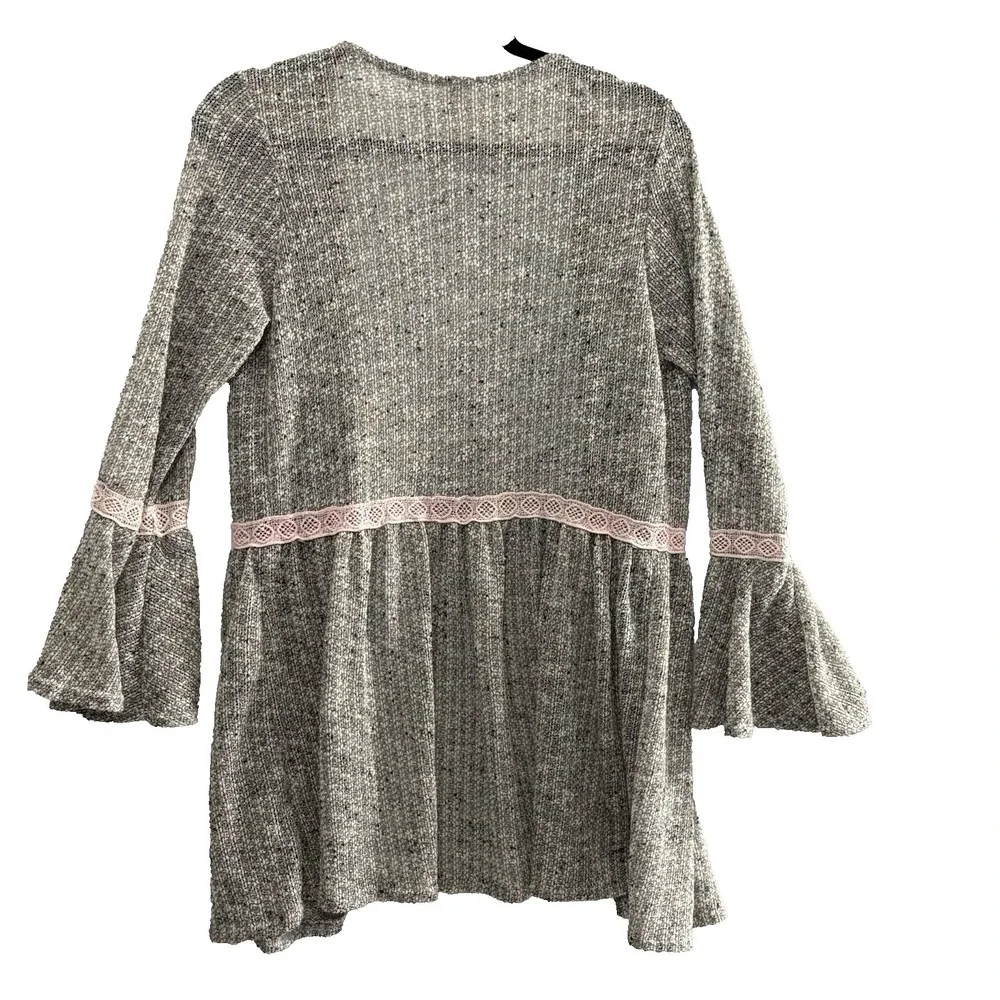 MAUVE Women Pink Lace Bell Sleeves Open Front Sweater‎ Sz M Gray Casual 21-6